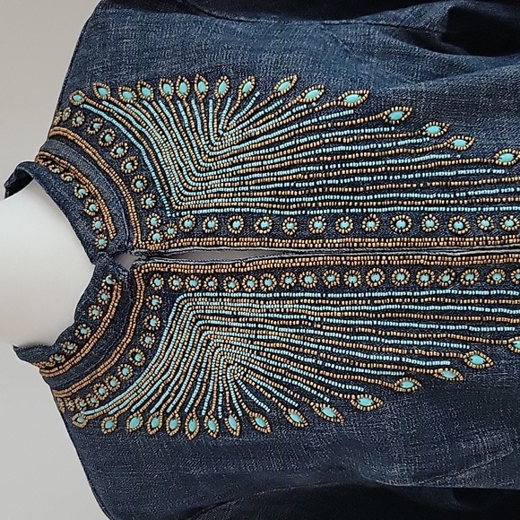 Chico's Embellished Heritage Turquoise Beaded Denim Jacket Inkspill Indigo Sz L - Picture 9 of 16